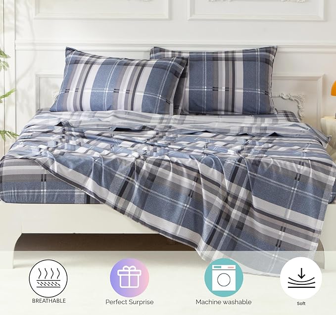 SDY 7PCS Full Gingham Comforter and Sheet Set，Plaid Bedding Set with 1*Comforter,1* Flat Sheet, 1*Fitted Sheet,2*Pillowcases and 2*PillowcaseShams，Navy Blue Microfiber Bedding Sheet Sets