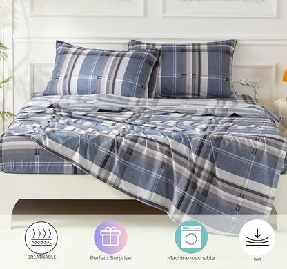 SDY 7PCS Full Gingham Comforter and Sheet Set，Plaid Bedding Set with 1*Comforter,1* Flat Sheet, 1*Fitted Sheet,2*Pillowcases and 2*PillowcaseShams，Navy Blue Microfiber Bedding Sheet Sets