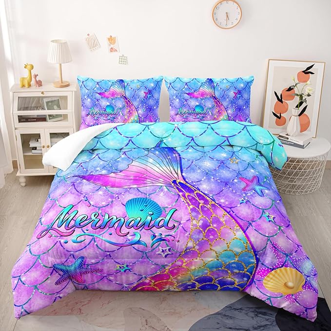 Colorful Mermaid Tail Comforter Sets King，Bedding Sets for Kids,Kids Fish Scales Comforter Sets All Season 1 Comforter and 2 Pillowcases