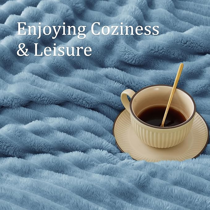 BEDELITE Fleece Throw Blanket for Couch - 300GSM Soft & Warm Fluffy Light Blue Blanket, Decorative and Giftable Striped Blankets for Women, Men, 50"x60"