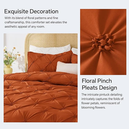 BEDELITE Burnt Orange King Size Comforter Set - 3 Pieces Boho Pintuck Bedding Comforter Sets, Lightweight Soft & Warm King Bedding Set with 2 Pillowcases for All Season
