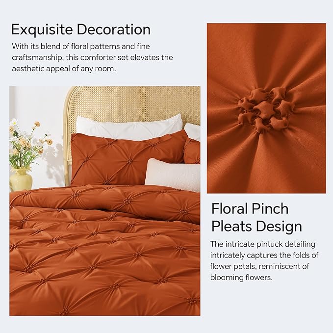 BEDELITE Burnt Orange Twin Comforter Set - 2 Peices Boho Pintuck Bedding Comforter Sets, Lightweight Soft & Warm Twin Bedding Sets with 1 Pillowcase for All Season