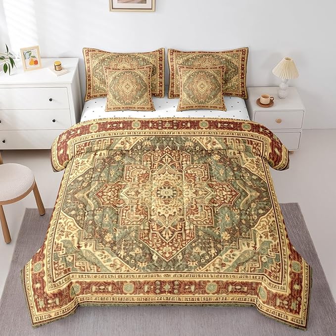 Vintage Bed in a Bag Terracotta Art Deco King Bedding Sets, Retro Bohemian Comforter Set Oriental Medallion Bedding Comforter Sets 7pcs, Tribal Paisley Bedding Sets Women Girls Aesthetic Room Decor