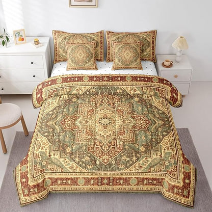 Vintage Bed in a Bag 7pcs Terracotta Art Deco Bedding Set, Retro Bohemian Twin Size Comforter Set Oriental Medallion Bedding Comforter Sets, Tribal Paisley Bed Set Women Girls Aesthetic Room Decor