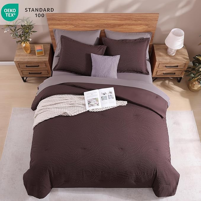 Geniospin King Comforter Set - 7 Pieces Purple Bedding Set, Botanical Textured Comforter Set, All Season Comfortable Bed in a Bag with Comforter, Sheets, Pillowcases & Shams