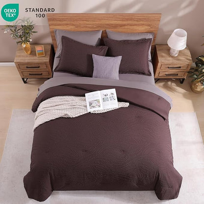 Geniospin King Comforter Set - 7 Pieces Purple Bedding Set, Botanical Textured Comforter Set, All Season Comfortable Bed in a Bag with Comforter, Sheets, Pillowcases & Shams