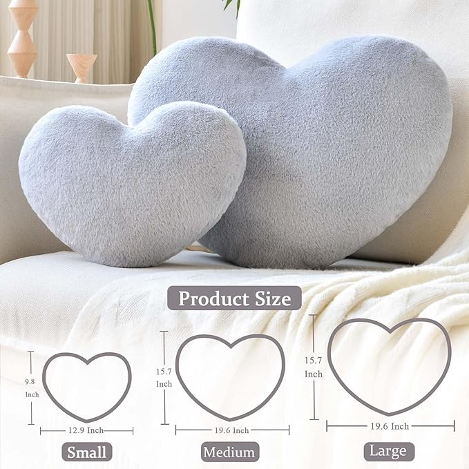 Grey Heart Pillows, Cute Heart Decorative Pillow, Heart Shaped Throw Pillows for Bed, Faux Rabbit Fur Plush Hoom Decor Pillow Cushion for Chair Sofa Living Room (Large-19.6"x15.7")