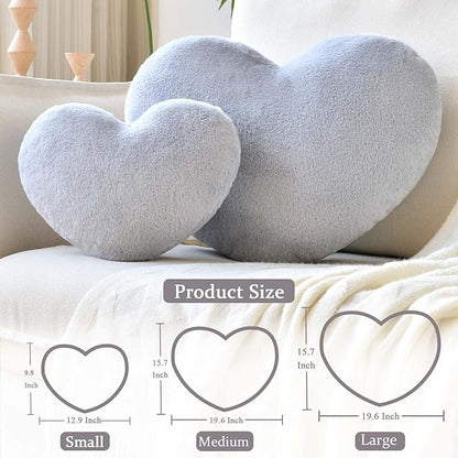 Grey Heart Pillows, Cute Heart Decorative Pillow, Heart Shaped Throw Pillows for Bed, Faux Rabbit Fur Plush Hoom Decor Pillow Cushion for Chair Sofa Living Room (Large-19.6"x15.7")