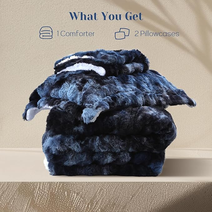 DAICO 3 Pieces Fluffy Faux Rabbit Fur Comforter Set King Size Tie Dyed Navy Plush Fuzzy Bubble Comforter Bedding Set Warm Cozy Bedding Comforter Sets for Winter, 1 Comforter and 2 Pillowcases
