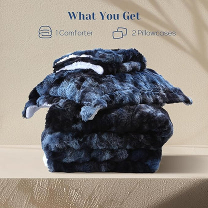 DAICO 3 Pieces Fluffy Faux Rabbit Fur Comforter Set King Size Tie Dyed Navy Plush Fuzzy Bubble Comforter Bedding Set Warm Cozy Bedding Comforter Sets for Winter, 1 Comforter and 2 Pillowcases