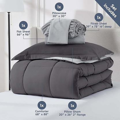 Nestl 5 Piece Twin Comforter Set – Dark Grey Reversible Bed in a Bag – Complete Twin Size Bedding Set with Sheets, Pillowcase and Sham