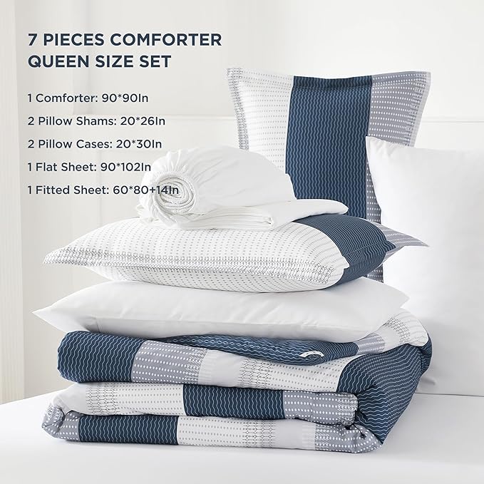 Andency Queen Comforter Set Mineral Blue - 7 Pieces Blue Striped Lightweight Bed in a Bag, Soft Microfiber Reversible Bedding Set with Comforter, Fitted & Flat Sheet, Pillowcases & Shams