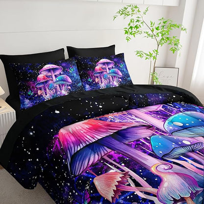 Fantasy Mushrooms Comforter Set Twin,Galaxy Fantasy 7 Pieces Bedding Set for Teens Kids,Light Mushroom Bedding Set 7 Piece in A Bag，Mushroom Bed Comforters Bedding Sets for All Season