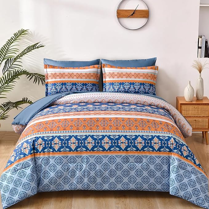 WONGS BEDDING Boho Comforter Set Queen, Blue and Orange Bedding Set 7 Pieces Bed in a Bag Bohemian Striped Bedding Comforter Sets Soft Microfiber Comfortet and Sheet Set for All Season