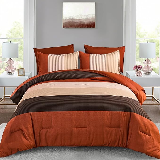 Anibedding King Size Terracotta Comforter Set 7 Pieces, Burnt Orange Bedding Comforter Set for All Season, Patchwork Striped Bed in a Bag with Sheets