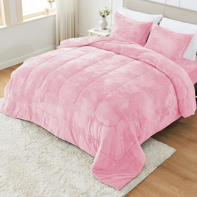 YIYEA Fluffy King Size Comforter Set, Luxury Faux Fur Comforter, Ultra Soft Plush Fuzzy Velvet Bedding Comforter Sets for Fall Winter, Cozy Warmth, No Shedding, 3PC, King, Pink