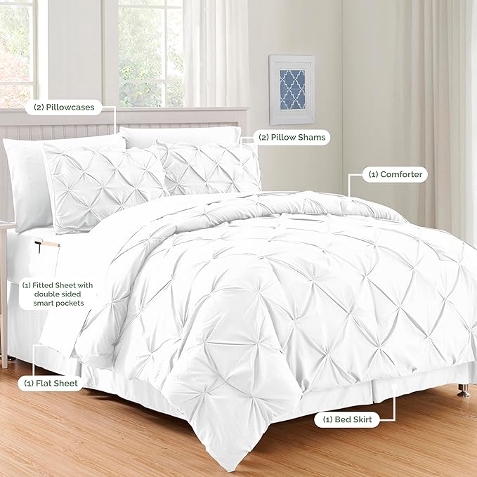 Elegant Comfort Luxury Best, Softest, Coziest 8-Piece Bed-in-a-Bag Comforter Set on Amazon Silky Soft Complete Set Includes Bed Sheet Set with Double Sided Storage Pockets, King/Cal King, White