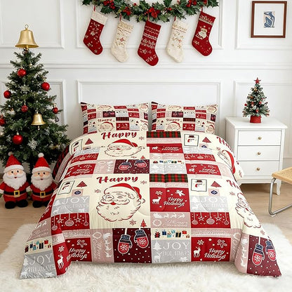 Christmas Santa Claus Comforter SetCute Red Geometric Grid Patchwork Bedding Set Kids Girls Boys Room DecorCartoon Xmas Deer Snowflake Bells Quilt Set Happy New Year Duvet Insert Queen Size