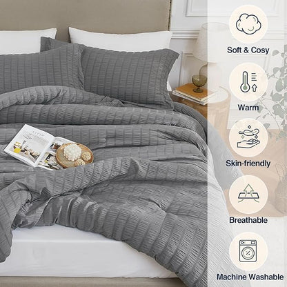 Grey California King Comforter Set - 3 Pieces Seersucker Lightweight Bedding Comforter Sets (1 Soft Fluffy Comforter & 2 Pillowcases) - All Seasons Cozy Modern Bed Sets for Women Men