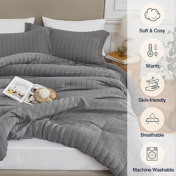 Grey King Comforter Set - 3 Pieces Seersucker Lightweight Bedding Comforter Sets (1 Soft Fluffy Comforter & 2 Pillowcases) - All Seasons Cozy Modern Bed Sets for Women Men