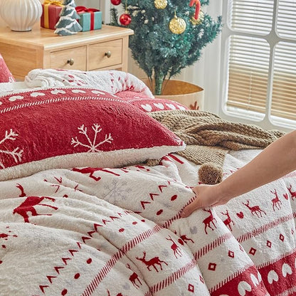 Christmas Sherpa Comforter Set Queen Size 3 Pieces Red Stripes Cream Heart Deer Holiday Winter Bedding Microfiber Warm Fleece Comforter with 2 Pillow Shams - Thanksgiving New Year Gift Choice