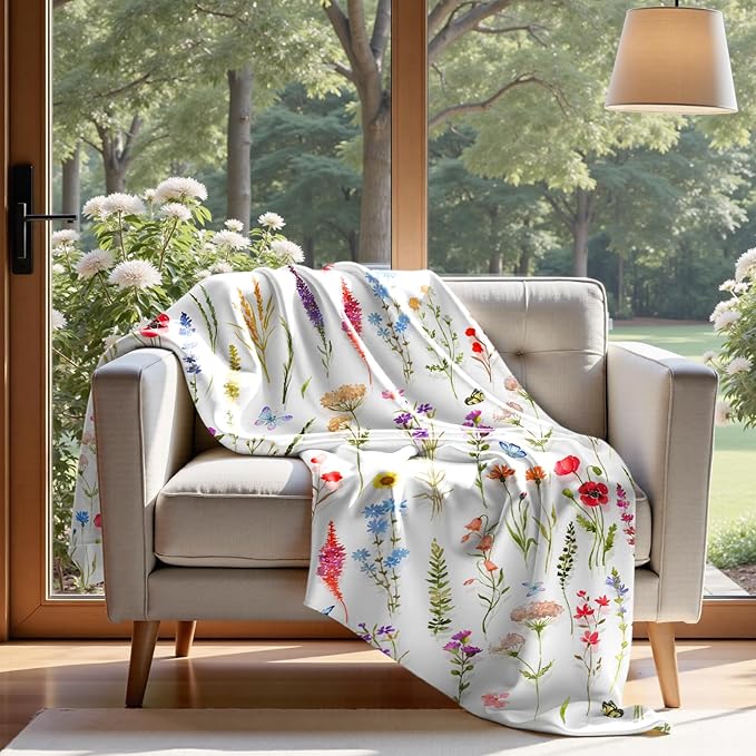 Floral Throw Blanket Birthday Gift for Women Mom Girls Colorful Flowers Blanket Summer Wildflower Flannel Blanket Watercolor Printed Throw for Couch Sofa Bed Chair 50"x60"