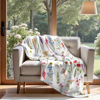 Floral Throw Blanket Birthday Gift for Women Mom Girls Colorful Flowers Blanket Summer Wildflower Flannel Blanket Watercolor Printed Throw for Couch Sofa Bed Chair 50"x60"