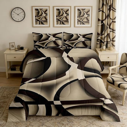 Castle Fairy Retro Circle Comforter Set Queen Size Brown Khaki Black Bedding Set for Kids Boys Girls Bedroom Decoration Stripe Line Art Bed Duvet Insert Geometric Modern Comforter with 2 Pillowcase