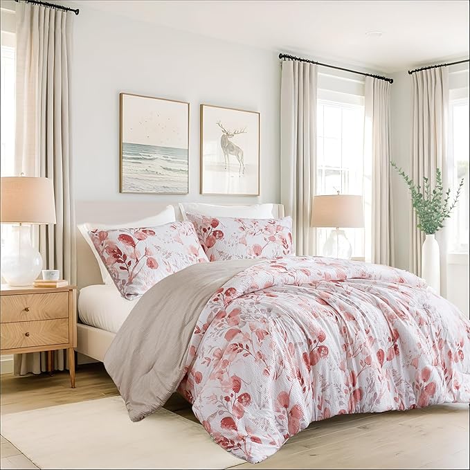 Lightweight Seersucker Botanical Comforter Set Queen Size, Reversible Design with Striped Print, Premium Microfiber Bedding Set, Comforter and Sham Set, Pink
