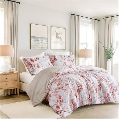 Lightweight Seersucker Botanical Comforter Set Queen Size, Reversible Design with Striped Print, Premium Microfiber Bedding Set, Comforter and Sham Set, Pink