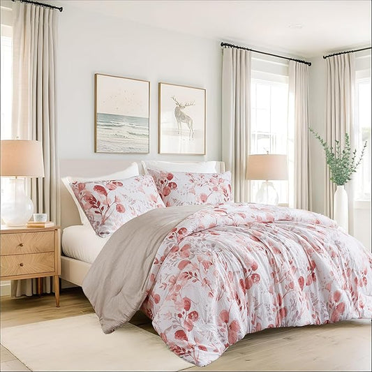 Lightweight Seersucker Botanical Comforter Set Queen Size, Reversible Design with Striped Print, Premium Microfiber Bedding Set, Comforter and Sham Set, Pink