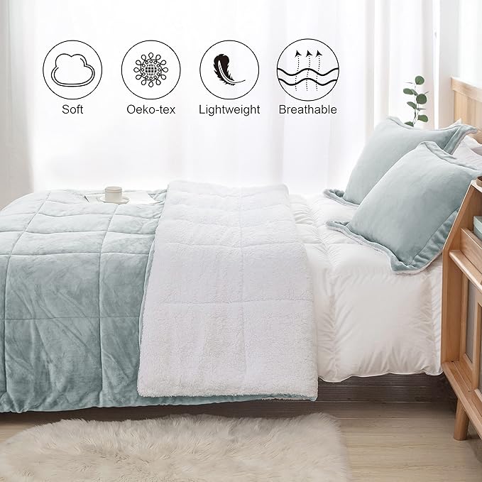 Seward Park Light Grey Sherpa Comforter Set Twin XL Size, All Season Soft Warm Fleece Fall Blanket, Winter College Dorm Bedding Sets with 1 Pillow Sham
