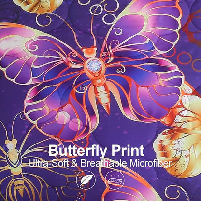 7 Piece Butterflies Comforter Set Queen Size 3D Gold Violet Butterflies Bedding Set for Kids Girls Women for Birthday Christmas Gift
