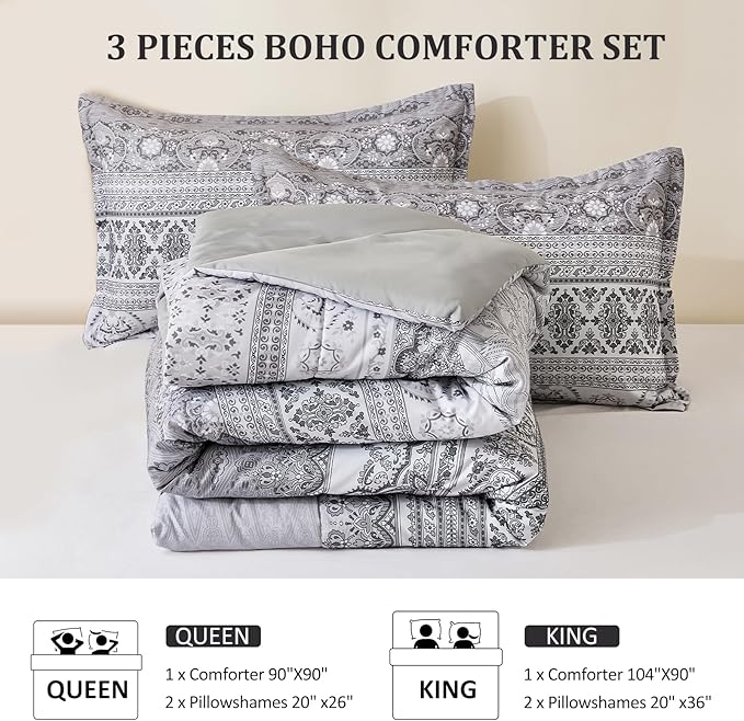 Goodidea Boho Comforter Set King Size 3 Piece Grey Bohemian Striped Comforter Soft Lightweight Microfiber Bedding Set with 2 Pillow Shams for All Season (King, 104"X90")