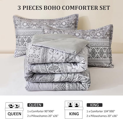 Goodidea Boho Comforter Set King Size 3 Piece Grey Bohemian Striped Comforter Soft Lightweight Microfiber Bedding Set with 2 Pillow Shams for All Season (King, 104"X90")