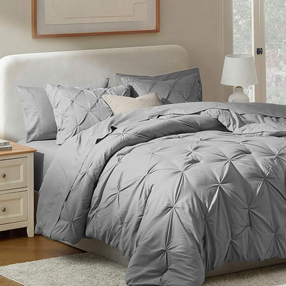 Nestl Comforter Set 7 Piece - Pinch Pleated Bedding Sets All Season Bed in a Bag - Full Grey Bed Set with Sheets, Comforter, Pillowcases and Shams