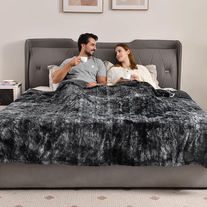 Bearhug Heated Blanket Full Size 77"x 84", Marble Black Electric Blanket, Reversible Faux Fur & Sherpa, 10 Heating Levels & 1-12H Auto Off, Over-Heat Protect, ETL, Washable Heated Blanket