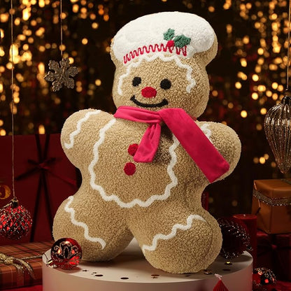 Phantoscope Gingerbread Merry Christmas Throw Pillow, Plush Teddy Xmas Gingerbread Shaped Pillows with Chef Hat & Scarf, Christmas Decorative Pillow for Couch Living Room Bed, Beige, 20 x 13.5 inches