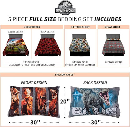 Franco Kids Bedding Super Soft Microfiber Comforter and Sheet Set, 5 Piece Full Size, Jurassic World