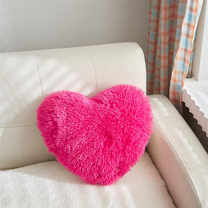 MOOWOO Fluffy Faux Fur Heart Throw Pillow for Valentine's,Mothers Day,Sherpa Plush Fluffy, Solid Color, Heart Shape Pillow for Girls,Hot Pink Love Throw Pillow (Rose Red)