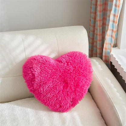MOOWOO Fluffy Faux Fur Heart Throw Pillow for Valentine's,Mothers Day,Sherpa Plush Fluffy, Solid Color, Heart Shape Pillow for Girls,Hot Pink Love Throw Pillow (Rose Red)