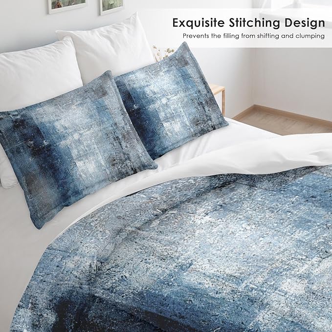 Comforter Set Full Size, Navy Indigo Blue 3 Pcs Soft Bedding Set for Kids and Adults, Contemporary Abstract Gray Comforter Set with 2 Pillowcases, for Bedroom Bed Decor