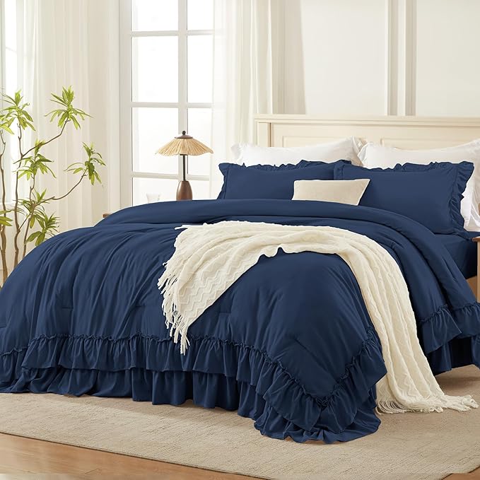 Andency Navy Blue Twin Size Comforter Set (66x90Inch), 2 Pieces Fluffy Shabby Chic Ruffle Bedding Comforter Sets, All Season Soft Lightweight Microfiber Bedding Set for Kids, College Dorm