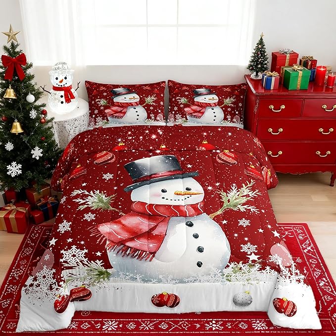Cute Snowman Comforter Set Queen Size,Merry Christmas Bedding Set 3Pcs Xmas Red Bells and Snowflake Quilt Set for Kids Boys Girls Teens Room Decor Watercolor Cartoon Duvet Insert,2 Pillowcases