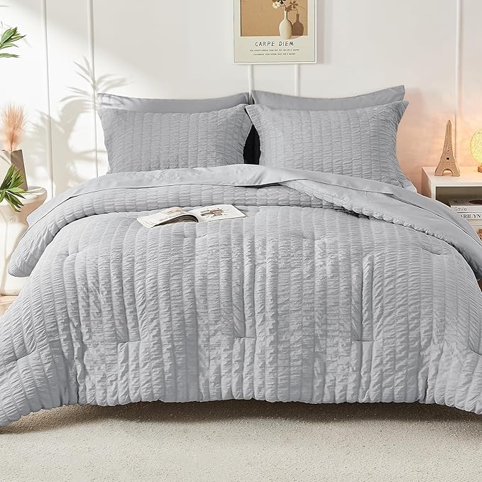 HYMOKEGE Light Grey Oversized Queen Comforter Set Seersucker 7 Pieces, All Season Luxury Bed in a Bag for Bedroom, Bedding Set with Comforter, Sheets, Pillowcases & Shams