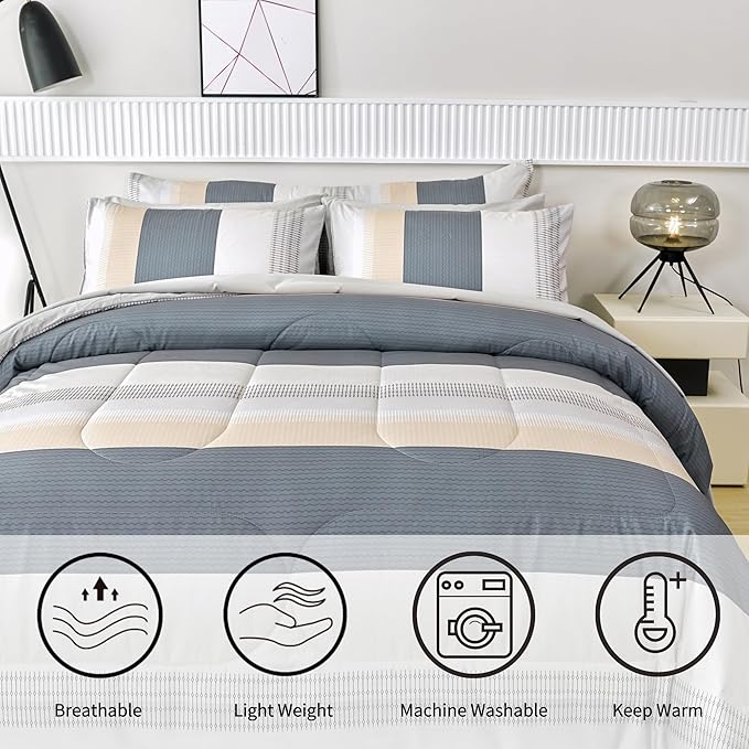 RYNGHIPY Queen Size Comforter Set Beige Grey Striped Men Boys Bedding Set Soft All Season Down Alternative Comforter Bedding Sets (Queen,Beige Grey)