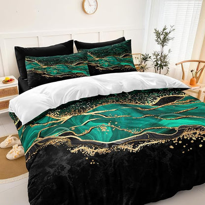 Green Marble Comforter Set Emerald Green Bedding Comforter Black Gold Marble River Abstract Texture Black and Green Comforter Full Size Bed in a Bag 8 Pieces