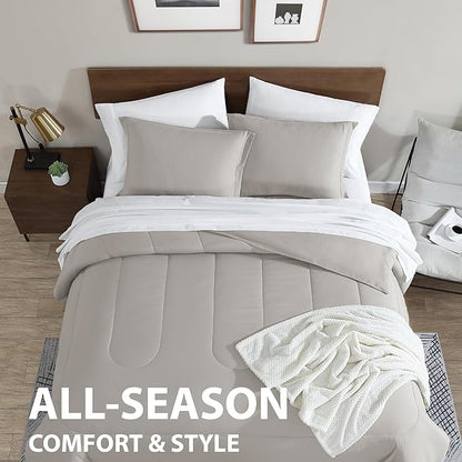 Cathay Home Basic Bedding Home Essential Ultra Soft Lightweight 8PC Wrinkle Resistant Microfiber Bed in a Bag Set (Includes Complete Sheet Set, Comforter Set & Bedskirt) - King, Taupe