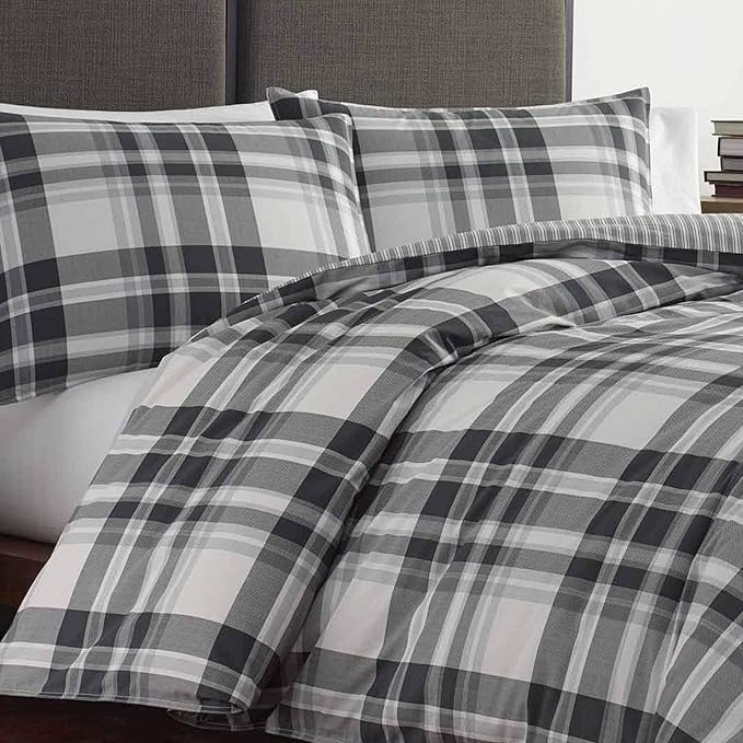 Eddie Bauer - Queen Comforter Set, Cotton Reversible Bedding with Matching Shams, Plaid Home Decor for All Seasons (Coal Creek Grey, Queen)