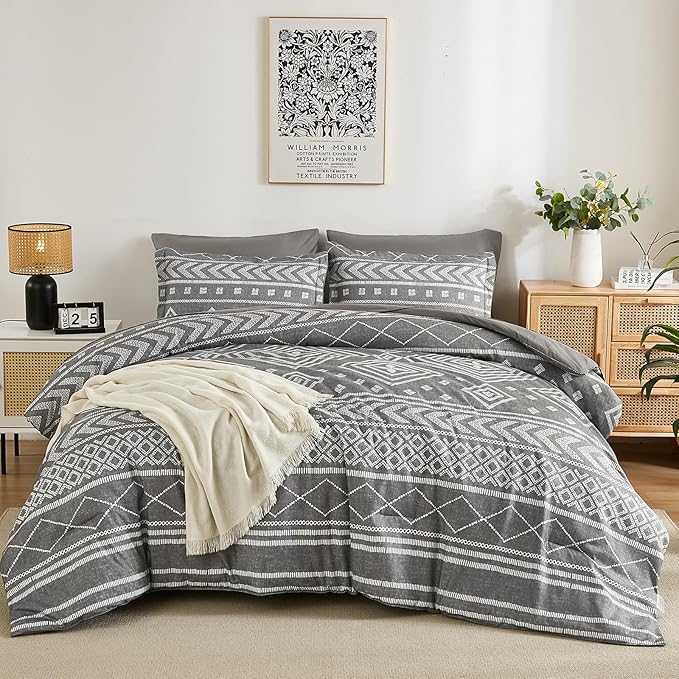 Yiran Boho California King Comforter, Grey Aztec Comforter Bedding Set, 7 Piece Bed in a Bag, Soft Microfiber Bohemian Striped Complete Bedding Set with Sheets for All Season